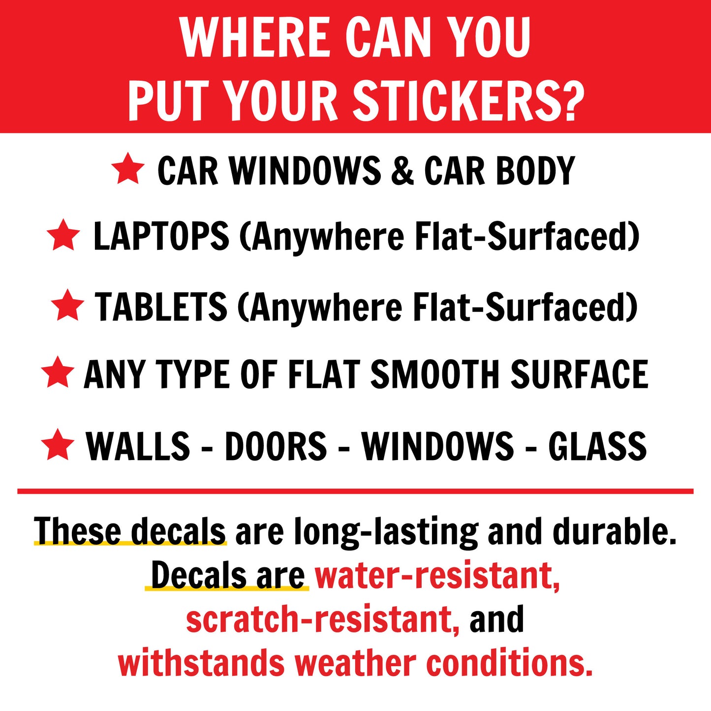 A image listing all the places where you can place your sticker or decal.
