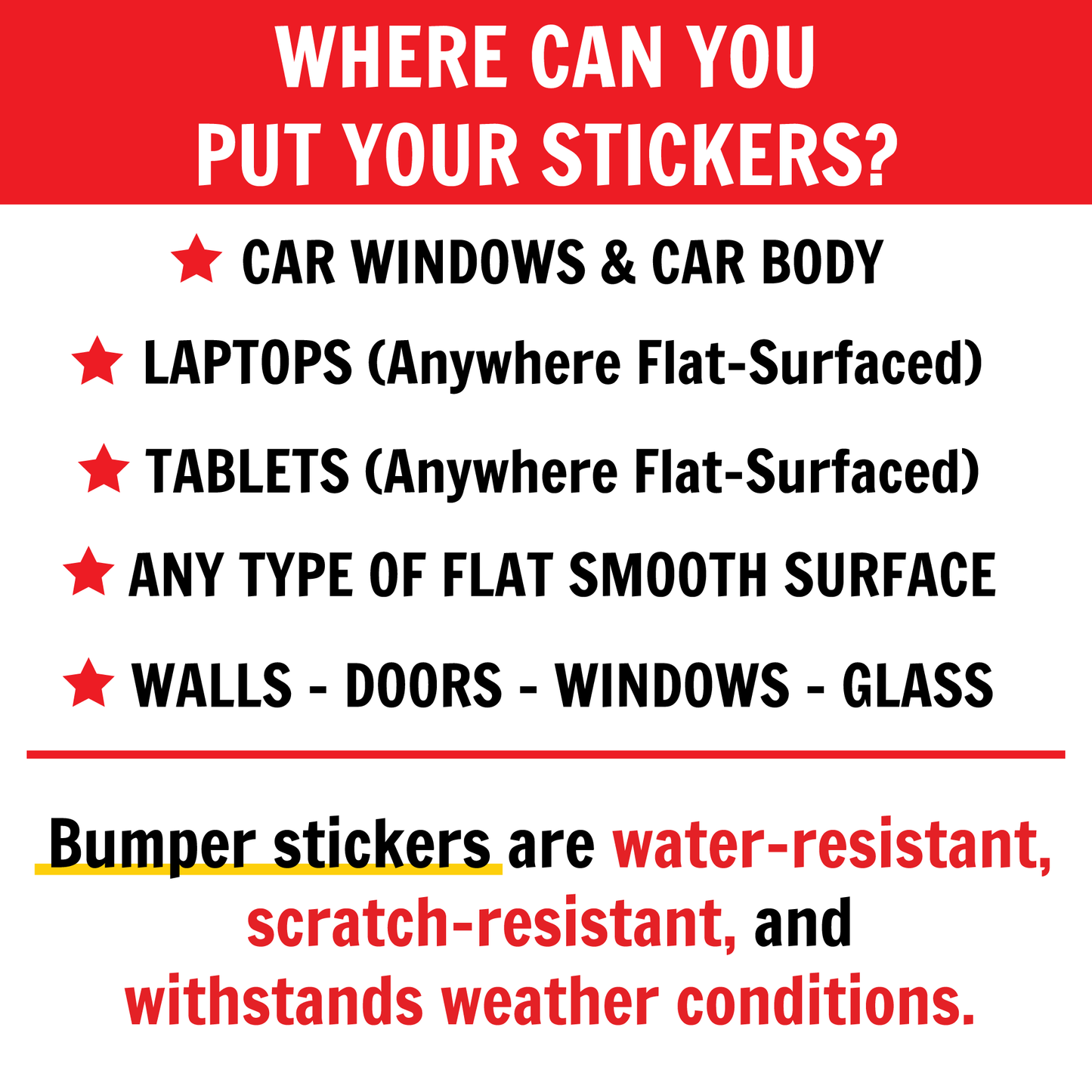 This is a brief description on where you can place the bumper stickers. Basically, on all flat surfaces that are cleaned.
