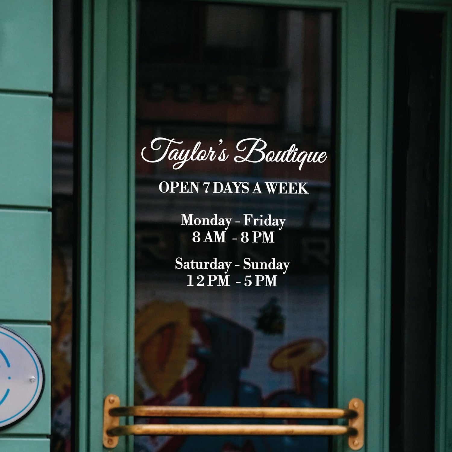Storefront with 'Taylor's Boutique' sign and operating hours displayed