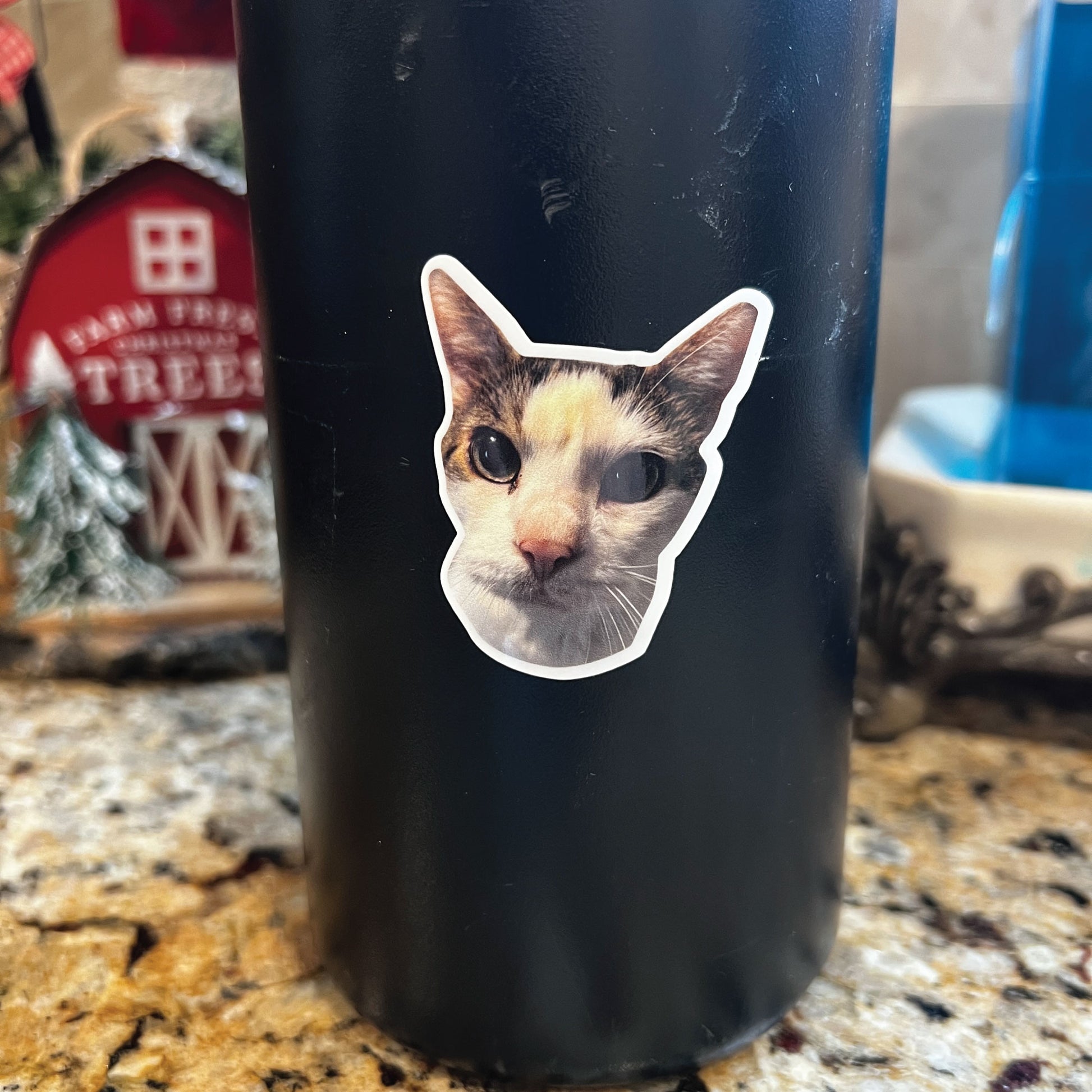 A photo example of a custom cat photo sticker on a tumbler.