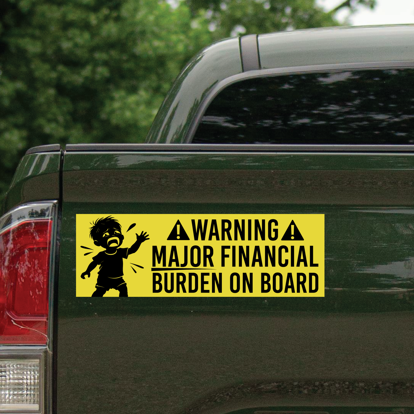This picture showcases a bumper sticker decal on the back rear of the vehicle.
