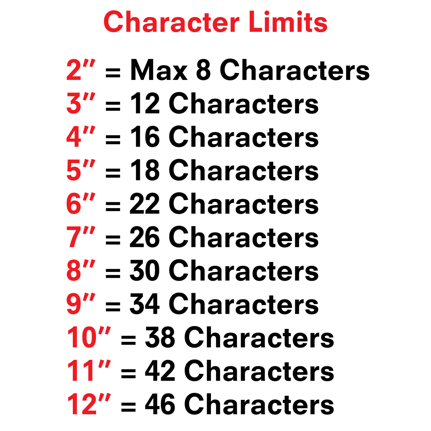 Picture explaining character limits for the rear view vinyl decal stickers.