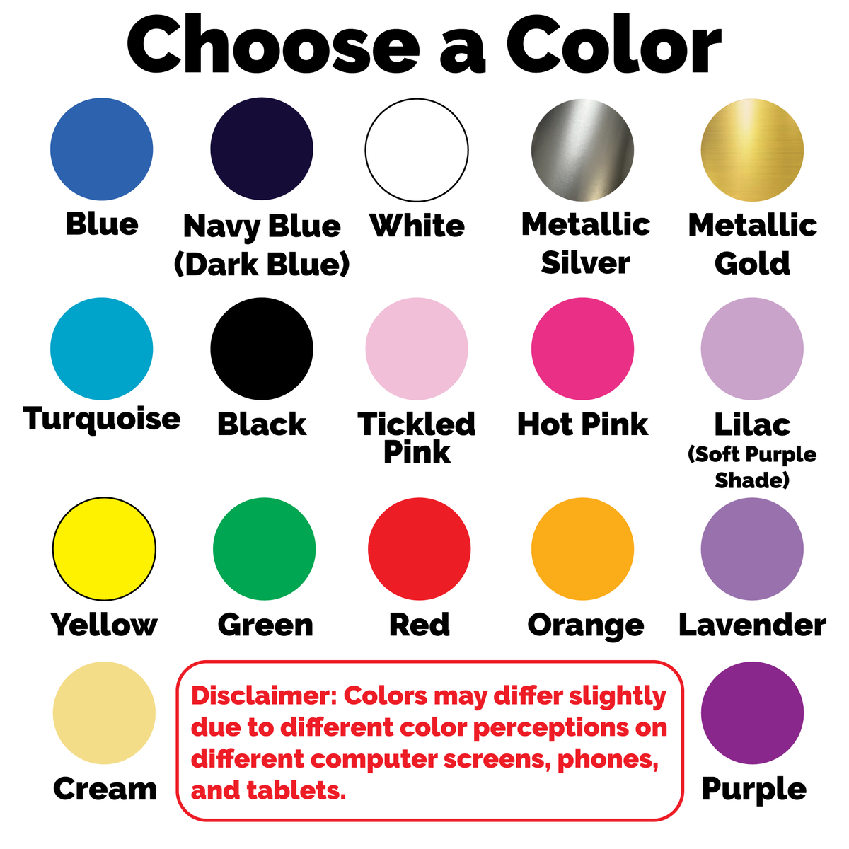 Color swatches with labels for a color selection chart.
