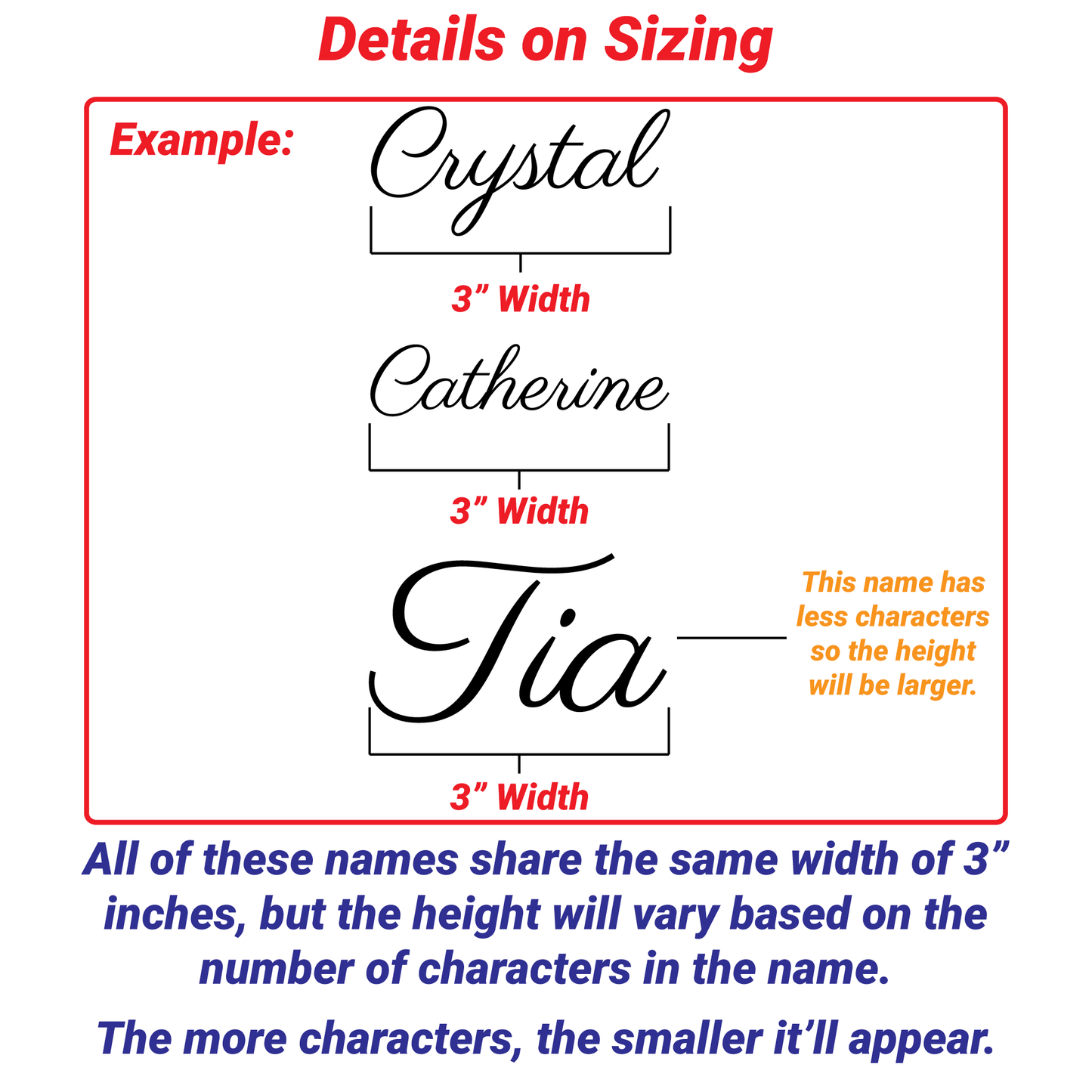 Details on sizing for how the custom words that are chosen scale to the size that is selected upon purchase.