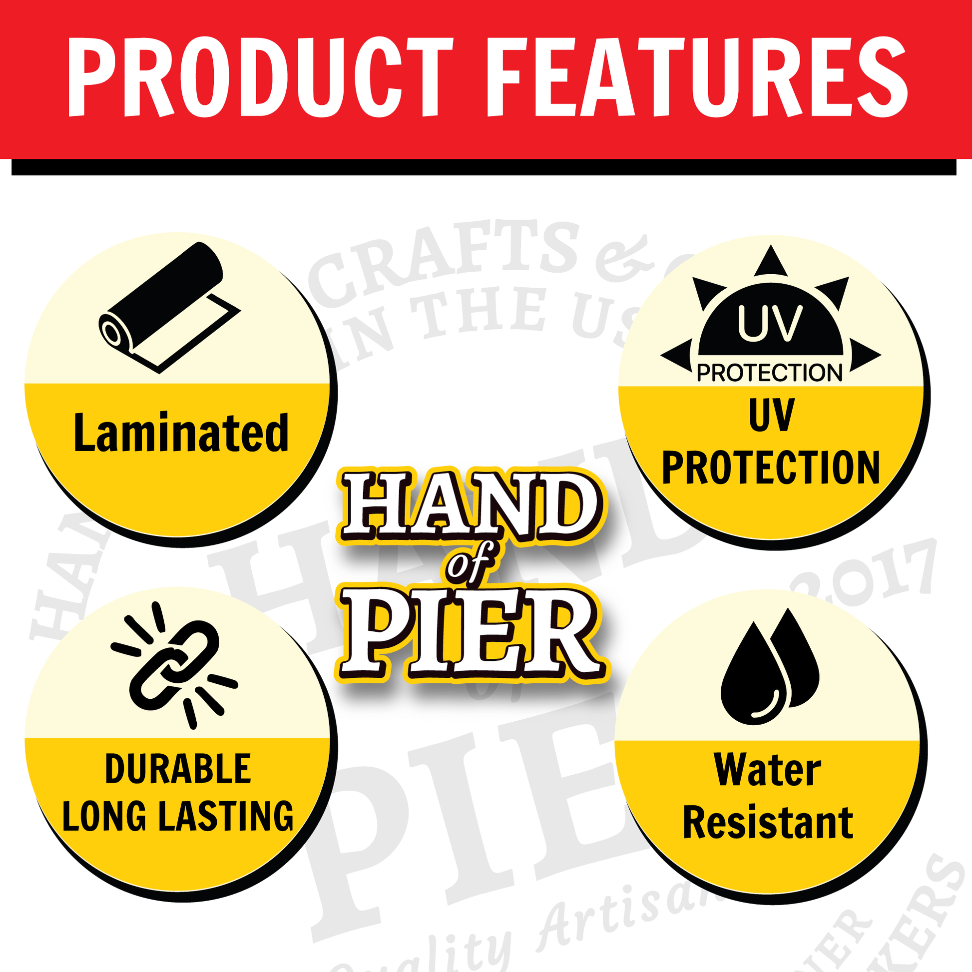 Product features including laminated, UV protection, durable long-lasting, and water-resistant on a yellow and black background with circles.