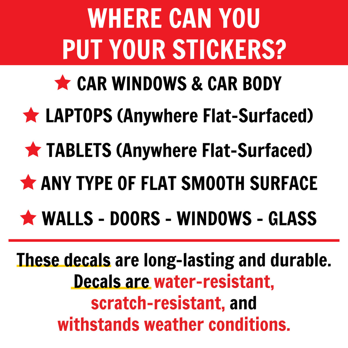 Instructions on where to apply stickers with a red and white background.