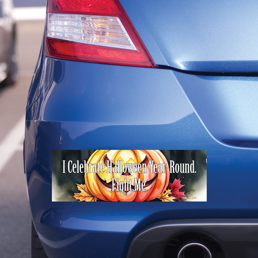 Blue car with a Halloween-themed bumper sticker on the back