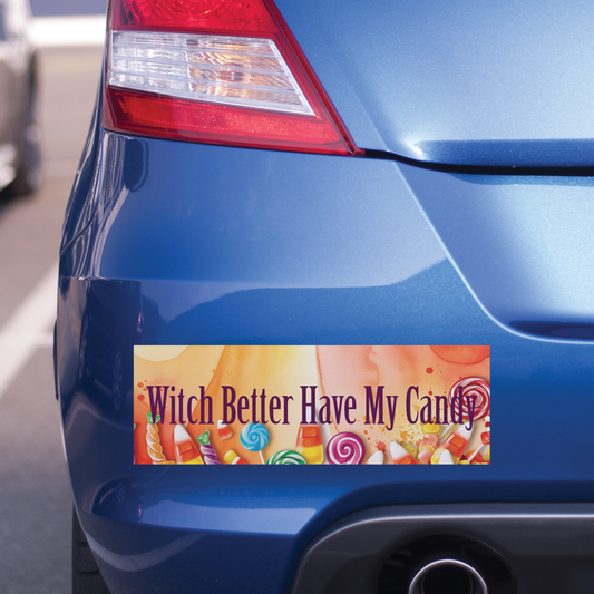 Bumper sticker with 'Witch Better Have My Candy' text on a blue car